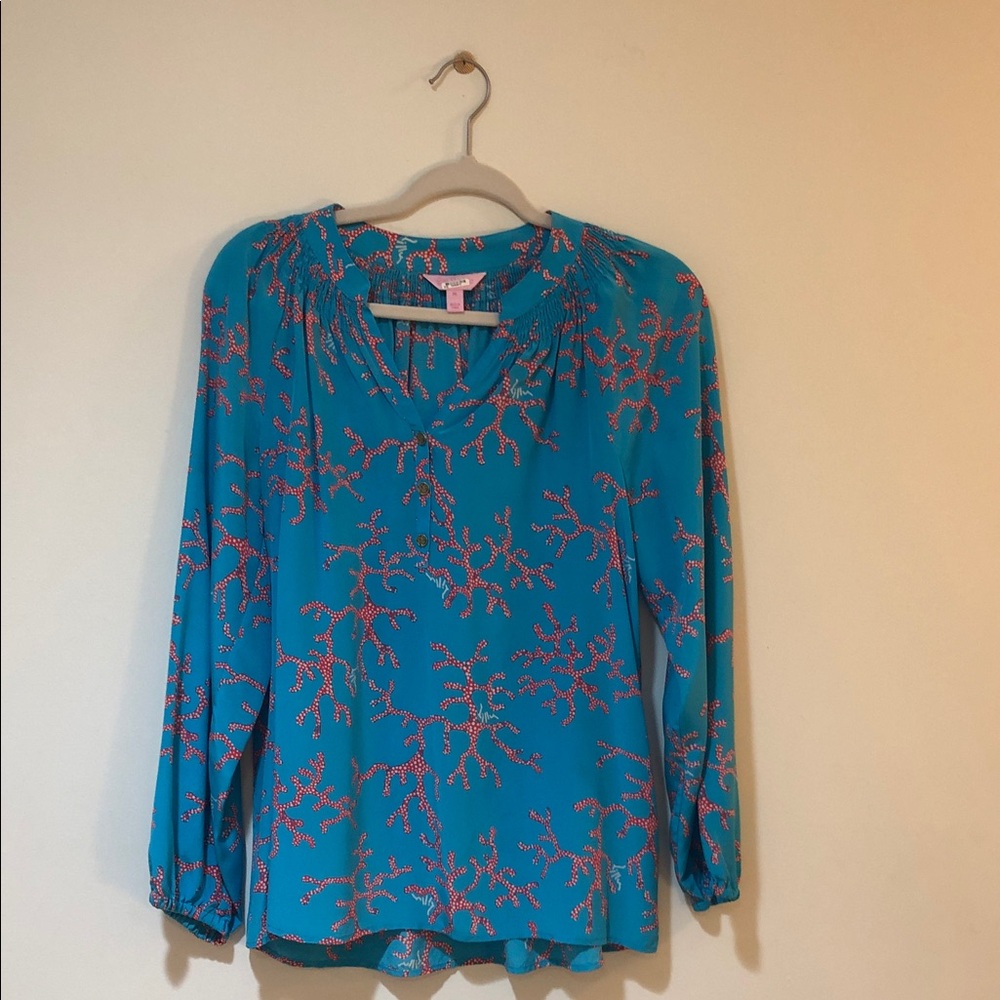 Lilly Pulitzer Vibrant Coral and Aqua Blouse